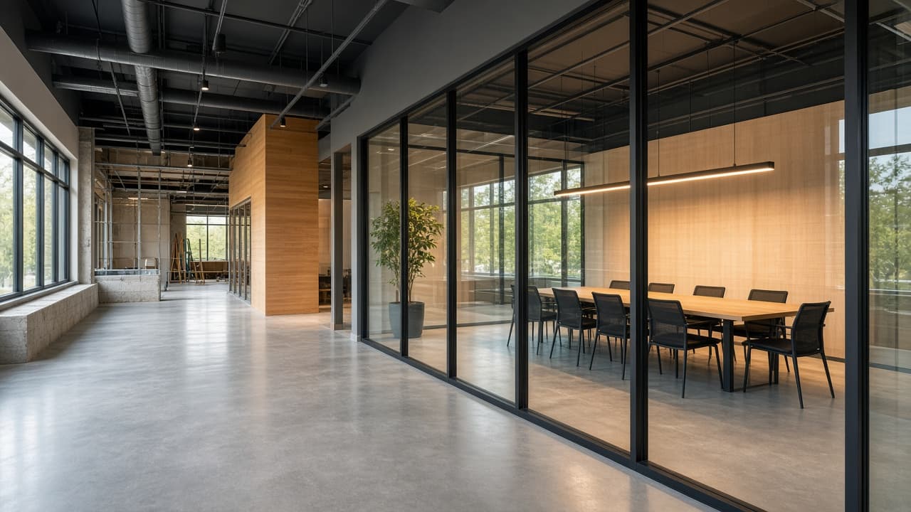 Glass-walled boardroom with a long table and chairs beside an open commercial corridor