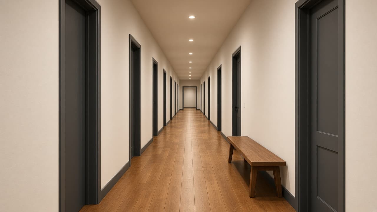 Freshly painted commercial corridor with warm off-white walls and charcoal door frames