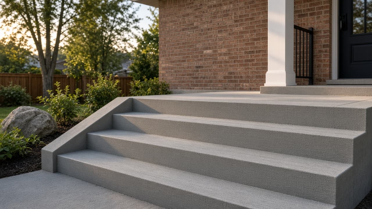 Newly poured broom-finished concrete stairs and landing at a house porch