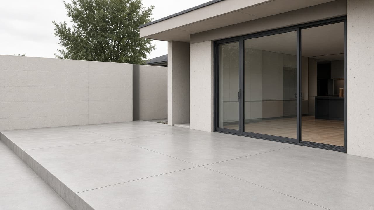 Clean contemporary concrete courtyard slab meeting a dark-framed glass door