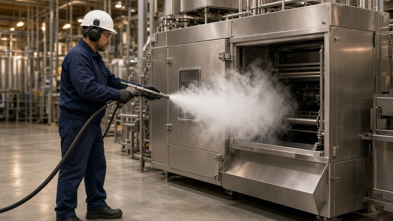 Technician dry-ice blasting stainless equipment in a plant, white CO2 vapour, no grit pile