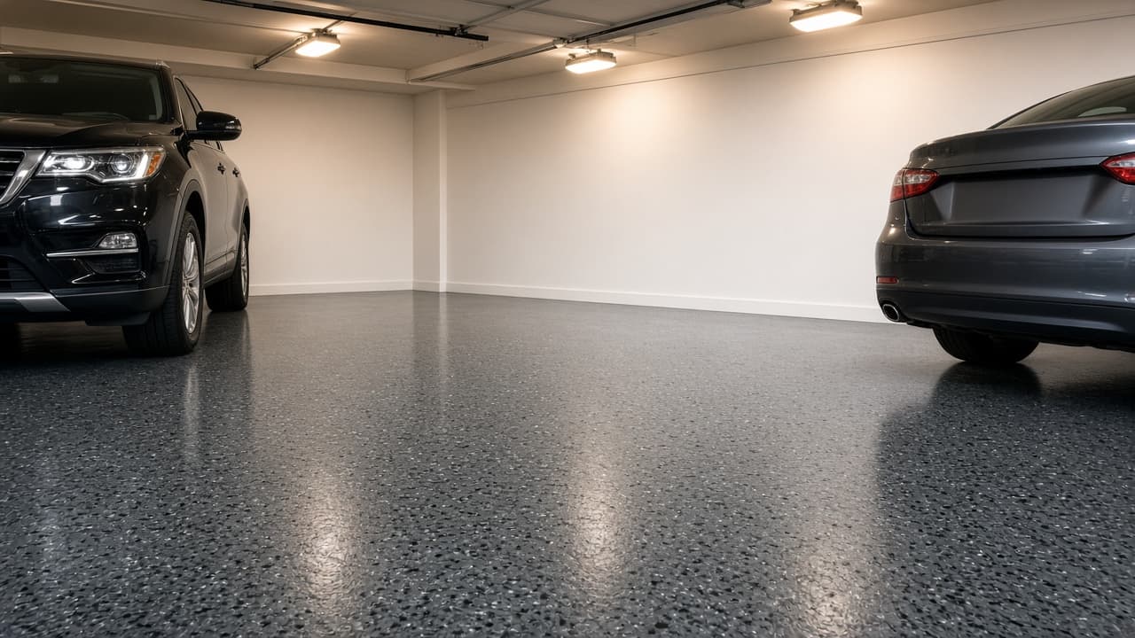Residential garage with a charcoal flake epoxy floor under warm shop lights