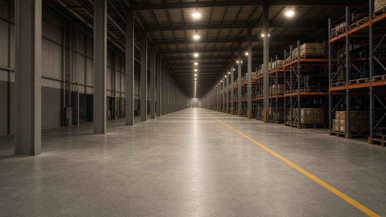 Industrial warehouse aisle with a grey resin floor and yellow safety lines