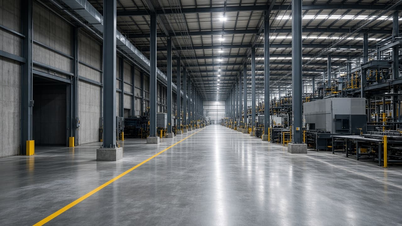 Long industrial plant aisle with polished concrete, steel columns, and production equipment
