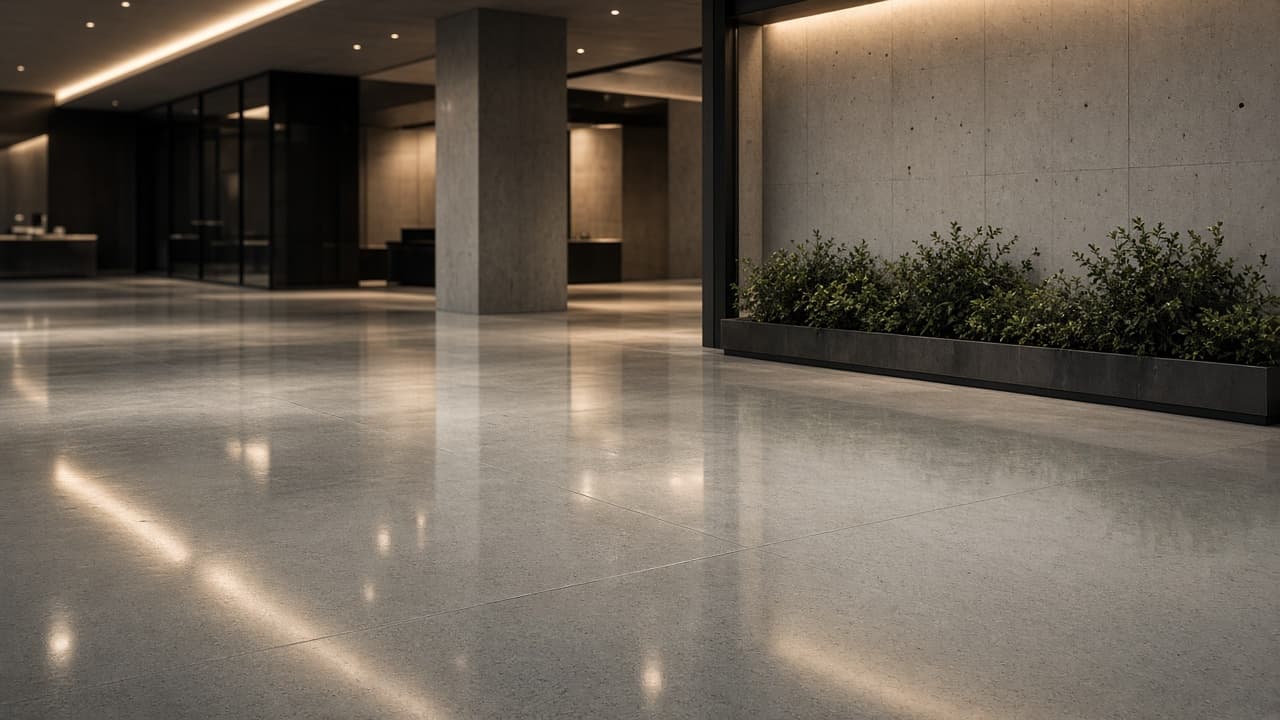 Polished concrete floor in a quiet commercial lobby with a planter and glass wall