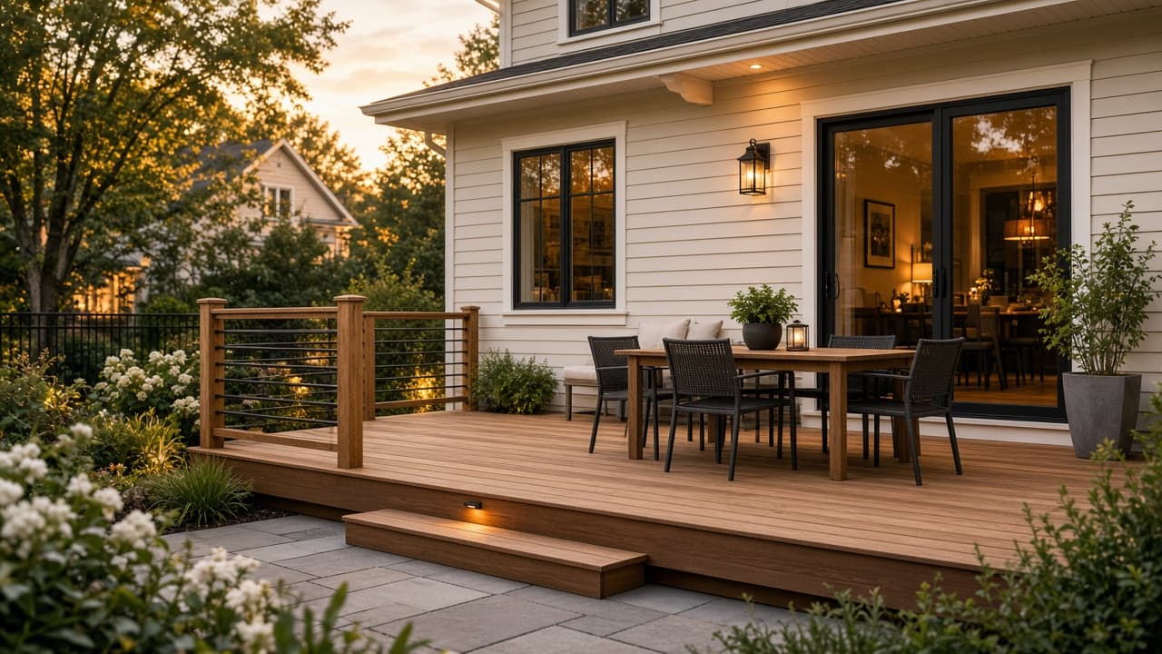Wood deck and patio with outdoor dining beside a house at dusk